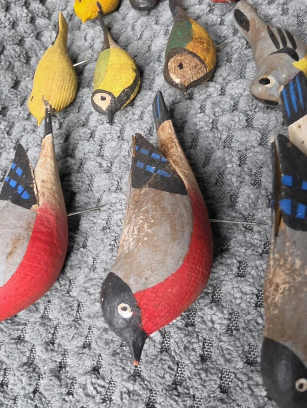 Vintage 14 Hand-Painted Yellow and Red Decorative Wooden Bird With Pin